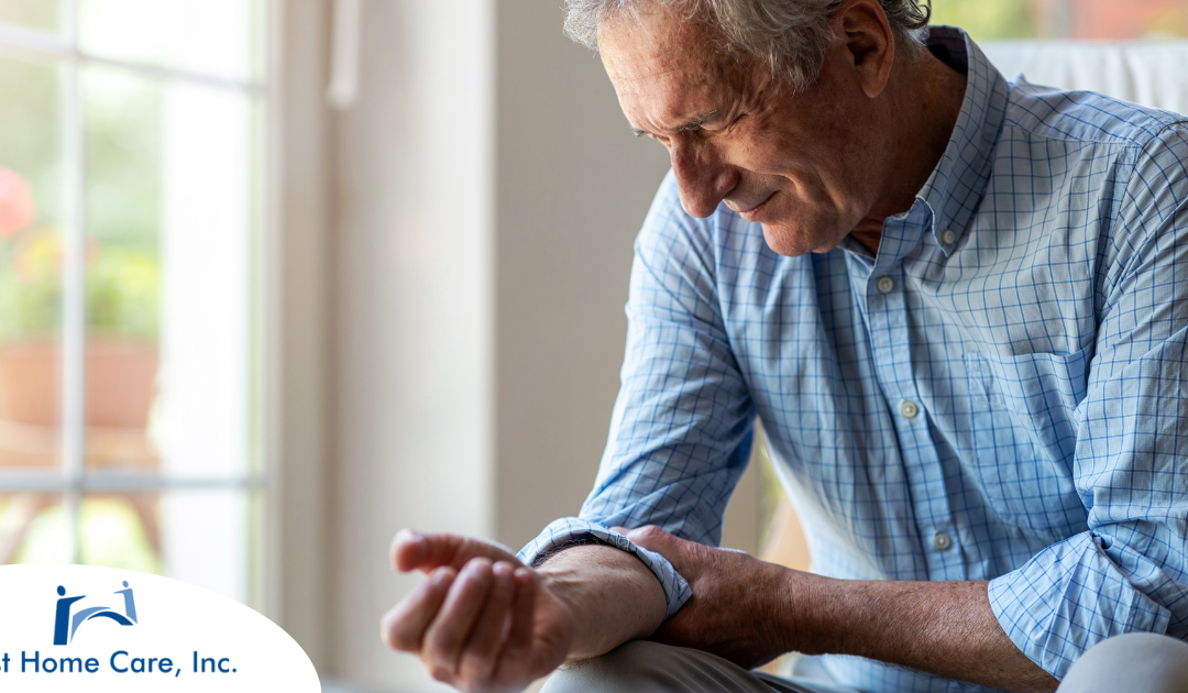 A senior man struggles with managing arthritis pain in his elbow.
