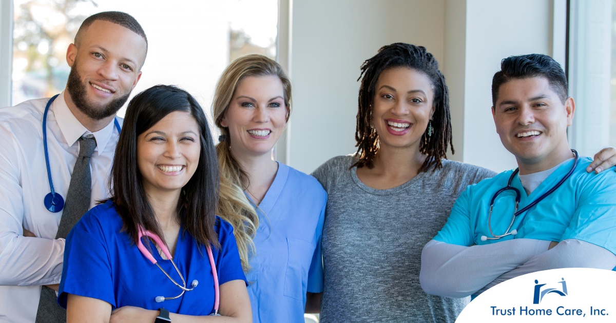 Building-Stronger-Teams-Collaboration-Tips-for-Home-Health-Professionals A variety of happy healthcare workers represent the results of good collaboration between home health professionals.