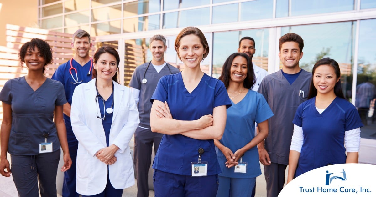 Building-Your-Career-in-Home-Health-Tips-and-Resources-for-Advancement A variety of happy healthcare workers represent the various roles that can come from a career in home health.