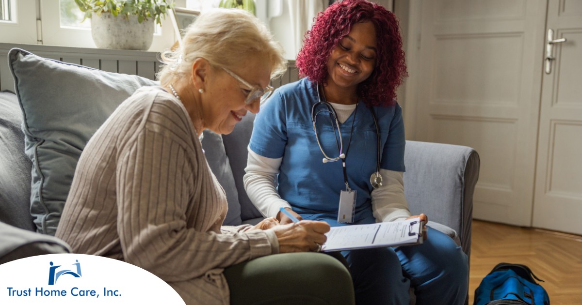 Navigating-Home-Health-Care-Eligibility-A-Guide-for-Families A healthcare professional helps an older patient fill out a form, representing what happens when the requirements for home health care eligibility are met.