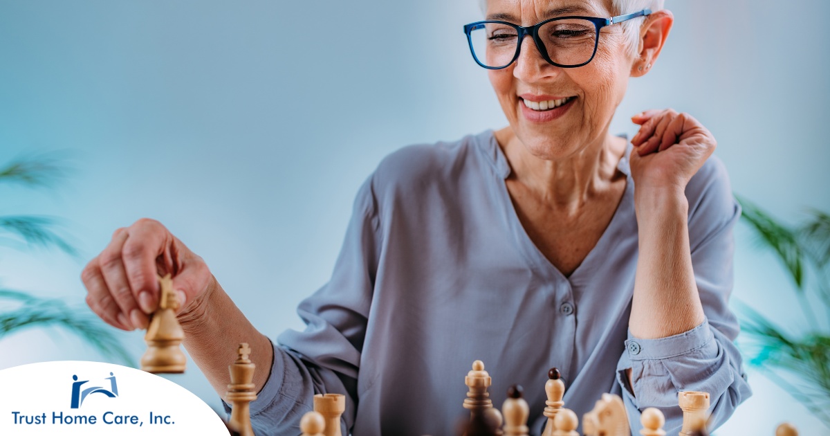 Staying-Sharp-Cognitive-Exercises-for-Older-Adults An older woman plays chess, an activity that can help older adults stay sharp.