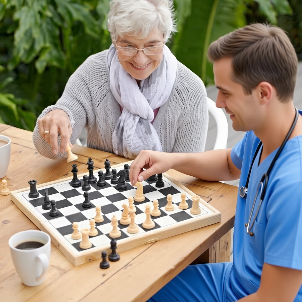 Elder Home Care Bowie, MD male caretaker playing chess with elderly client