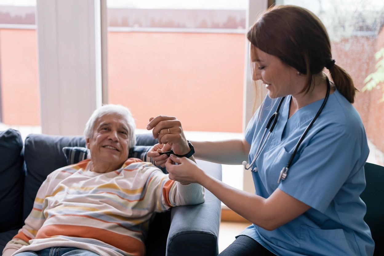 Senior Home Care Bowie MD female caretaker removes client's watch