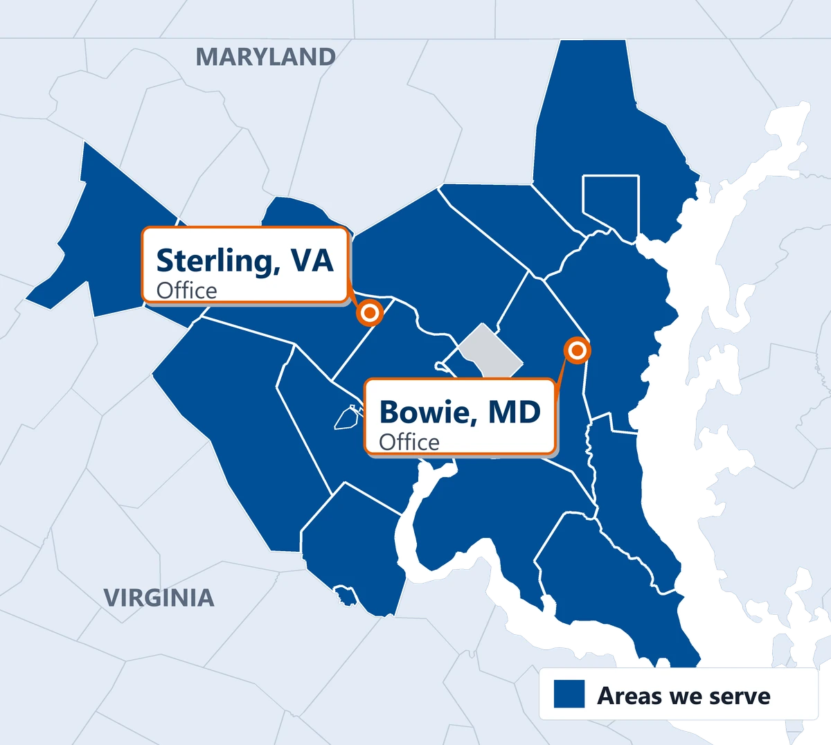 Map of Trust Home Care service areas across Maryland and Northern Virginia, with offices in Bowie, MD and Sterling, VA