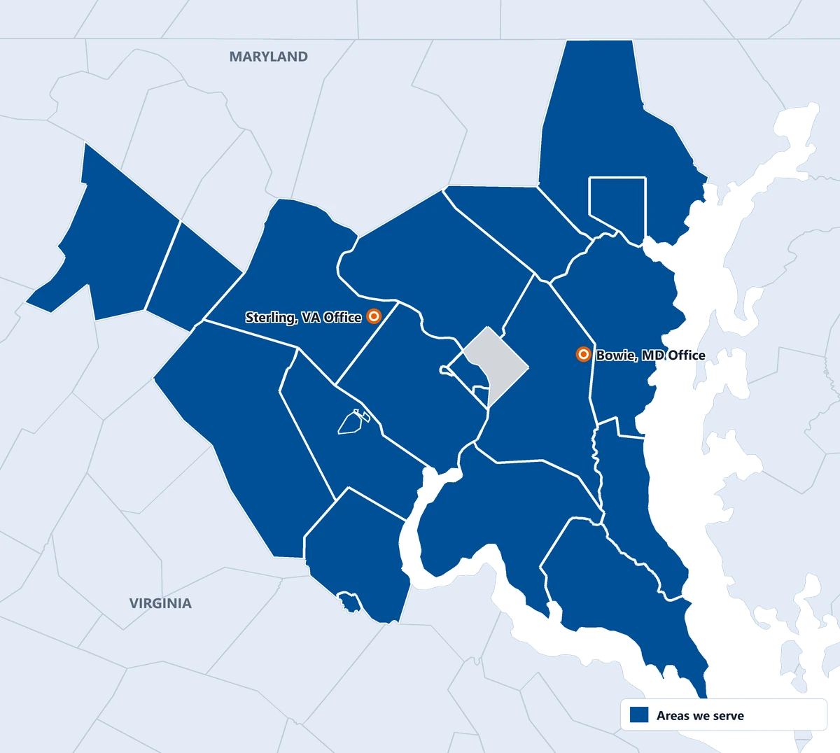 Map of Trust Home Care service areas across Maryland and Northern Virginia, with offices in Bowie, MD and Sterling, VA